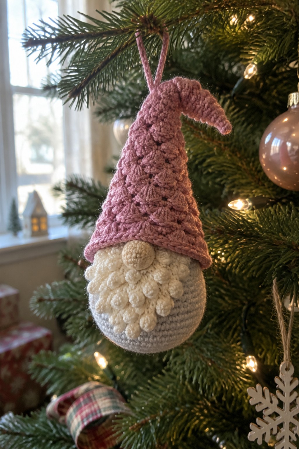 Pink crocheted gnome with white beard hanging on Christmas tree