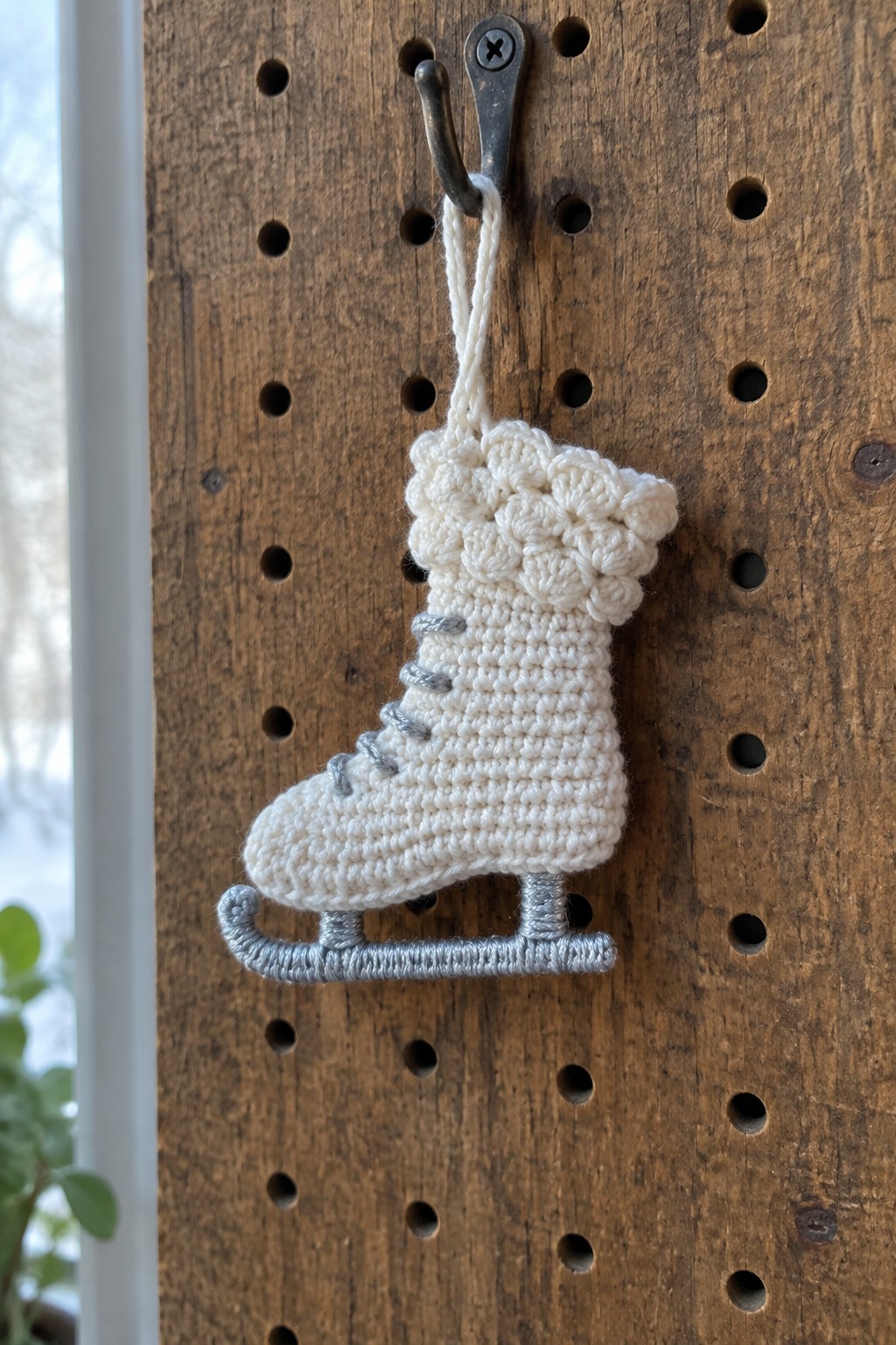 White crocheted ice skate ornament with gray blade hanging on wooden pegboard hook