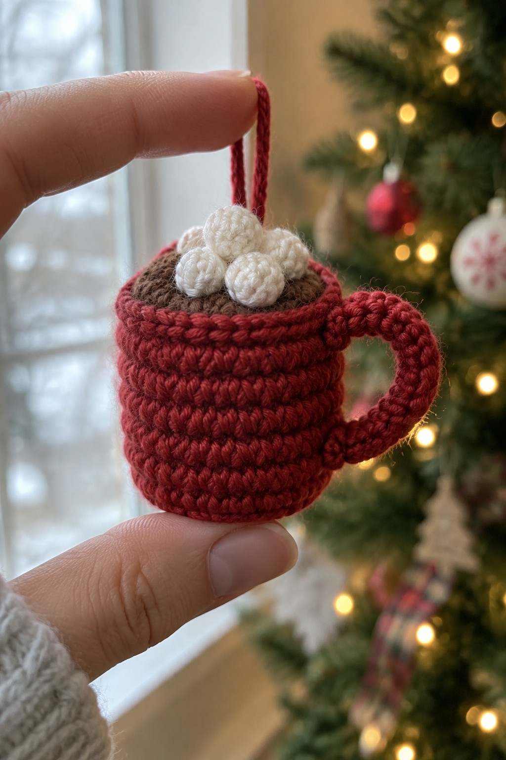 Hand holding crocheted red mug ornament topped with white marshmallows near Christmas tree