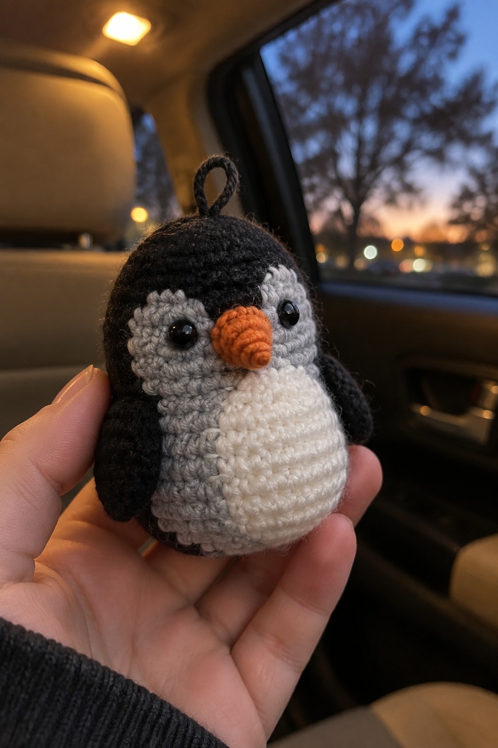 Hand holding crocheted black-gray-white penguin with orange beak inside car at dusk.