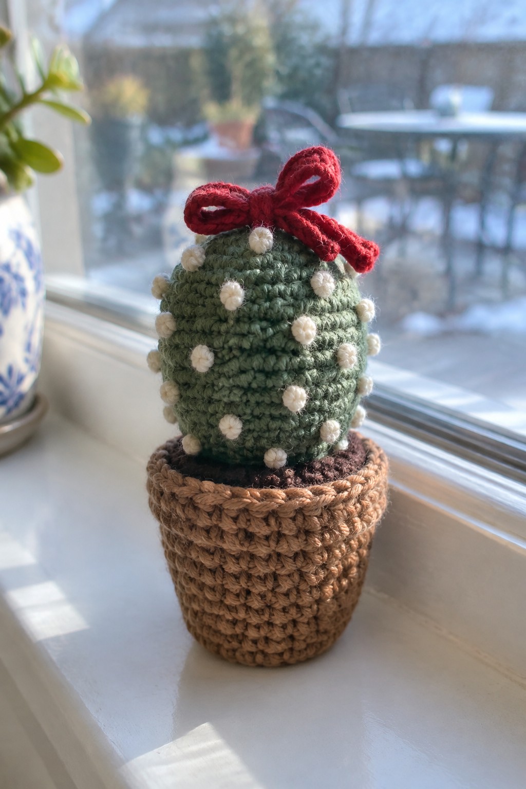 Crocheted green cactus with white dots and red bow in brown pot on windowsill