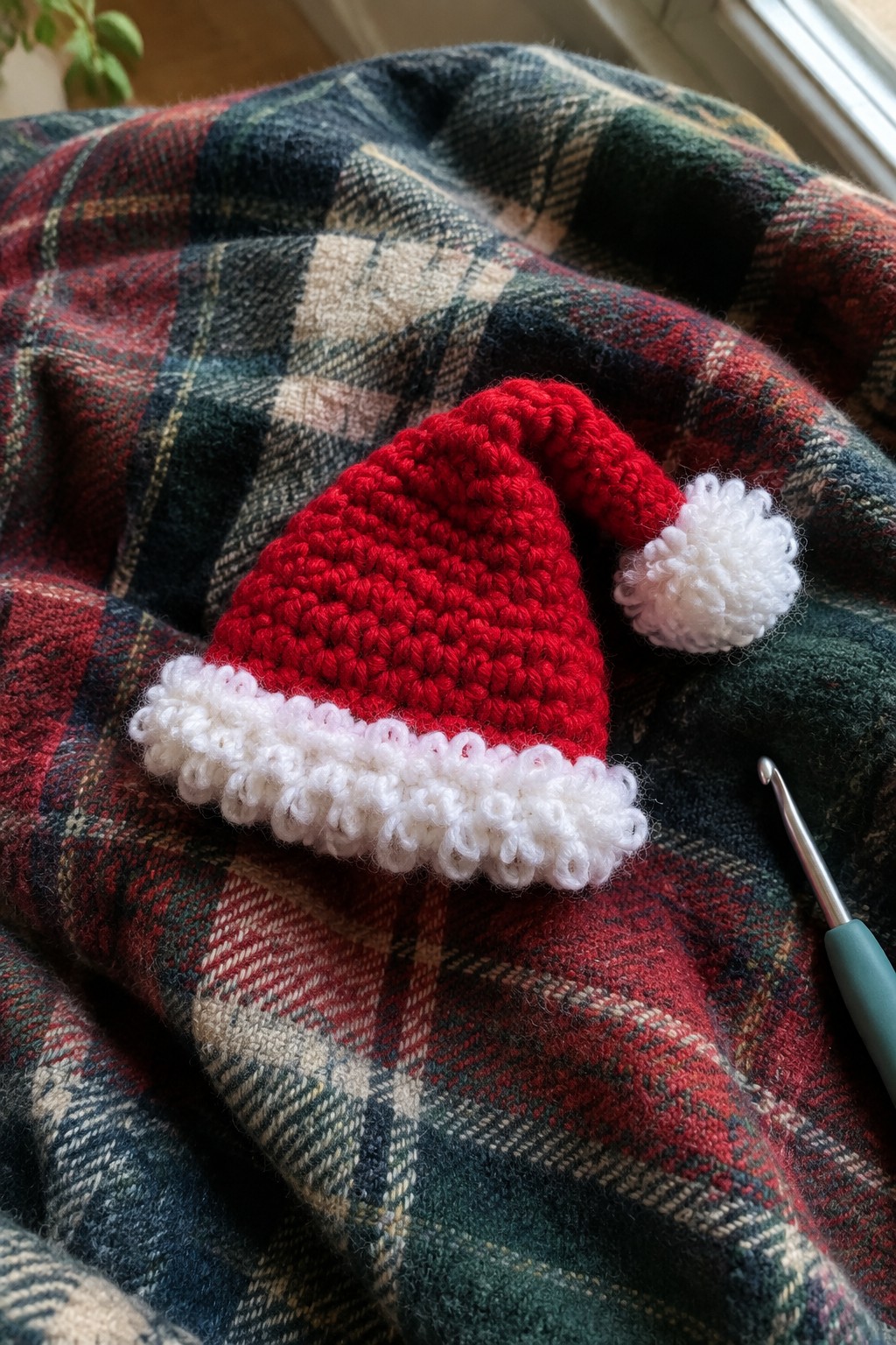 Red crocheted Santa hat with white pom-pom on plaid blanket beside crochet hook.
