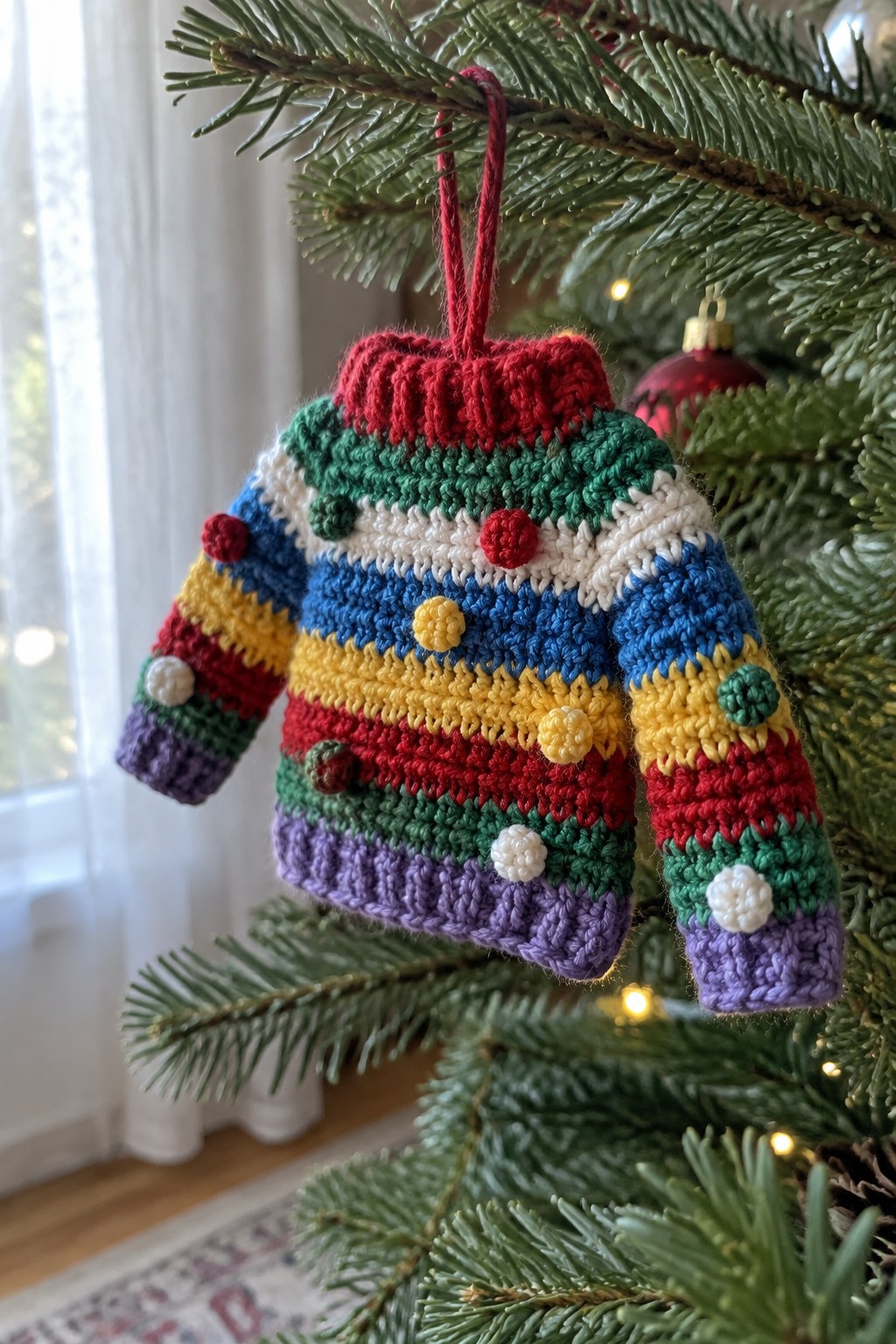 Colorful rainbow-striped knitted sweater ornament with pom-poms on Christmas tree branch