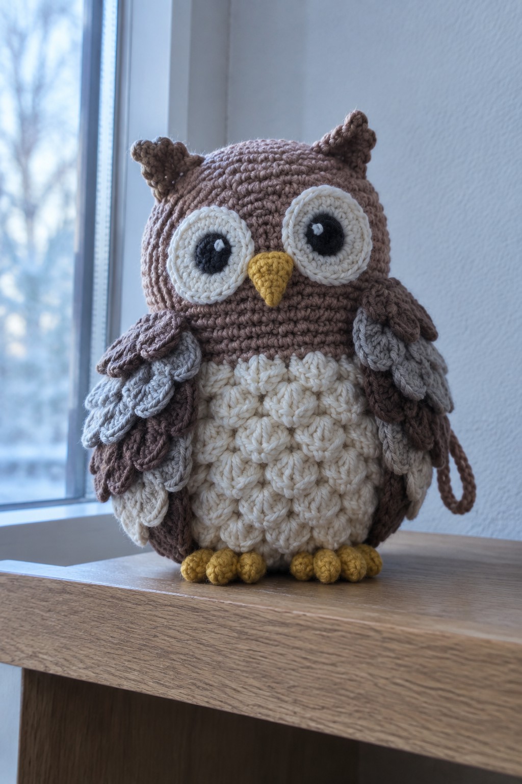 Crocheted brown owl plush with white belly, big eyes, and yellow feet on wood