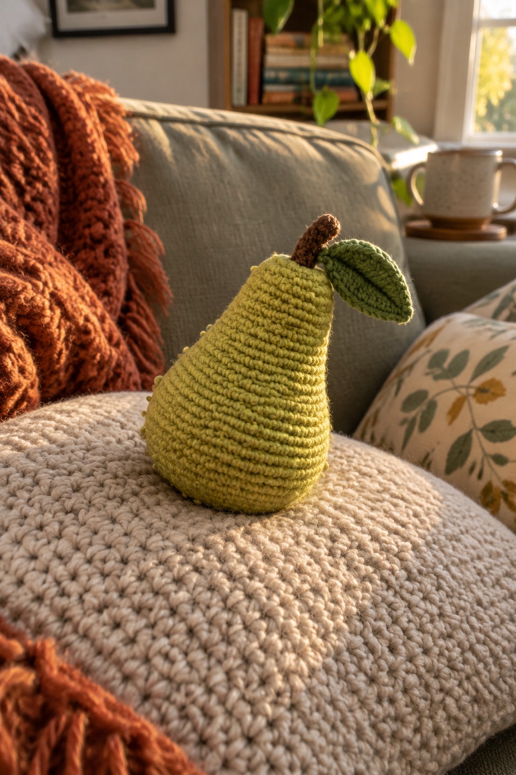 Green crocheted pear with leaf on beige textured pillow beside orange blanket.