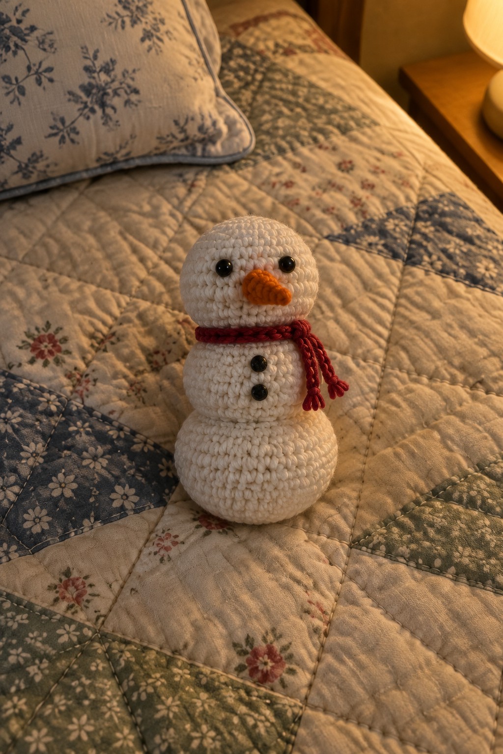 Crocheted snowman with red scarf on floral quilted bed beside pillow