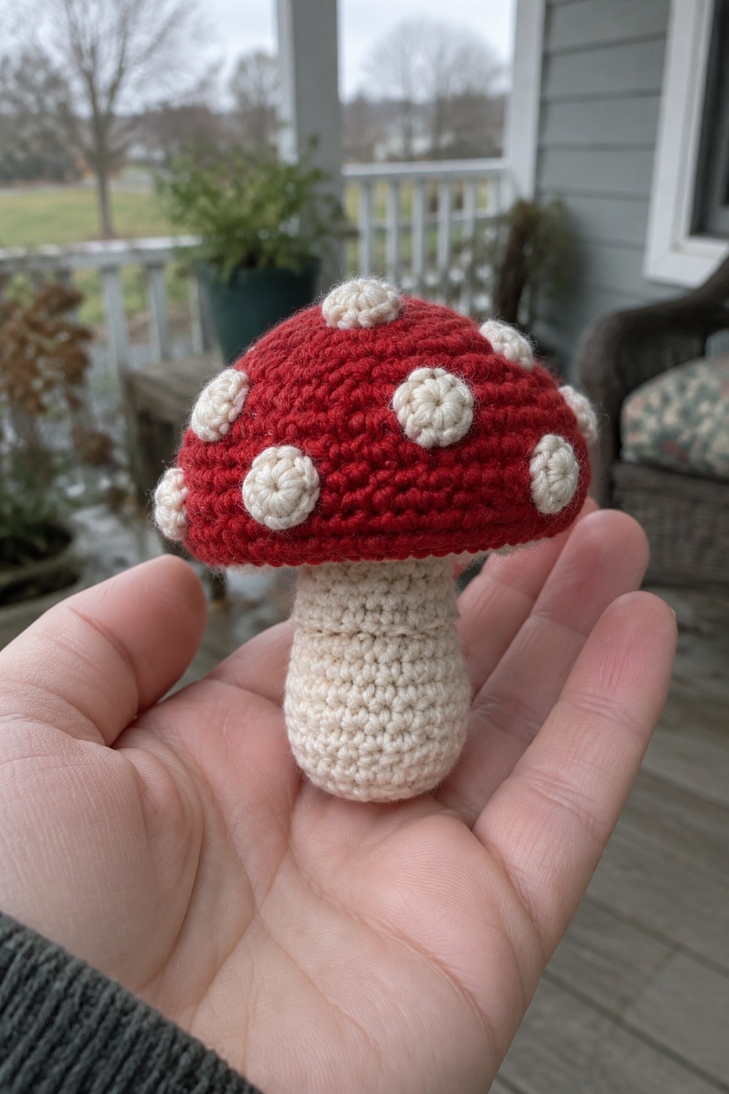 Hand holding small crocheted red mushroom with white spots and beige stem.