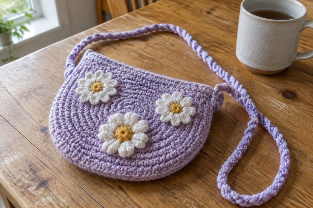 21 Cute Crochet Flower Bags Featuring Floral Appliques Purple crocheted bag with three daisy appliques beside mug on wooden table