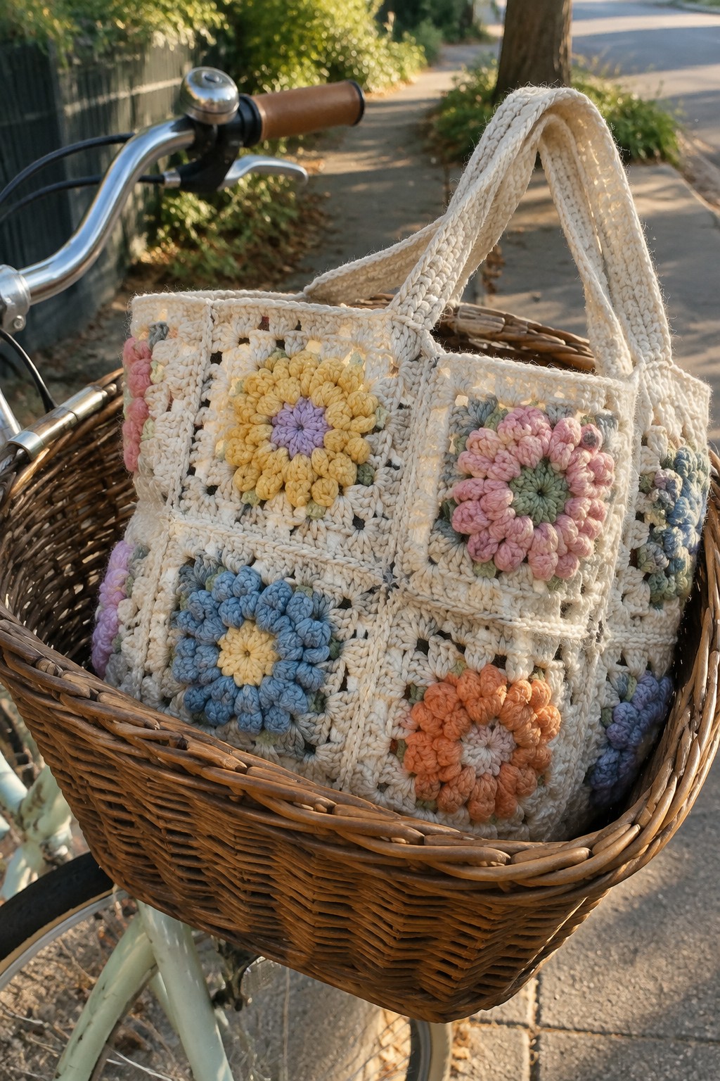 Colorful floral crochet tote bag inside a wicker bicycle basket on a path.