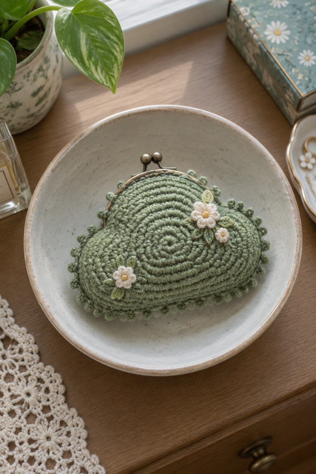 Green crocheted coin purse with white flowers in a speckled ceramic bowl on wood