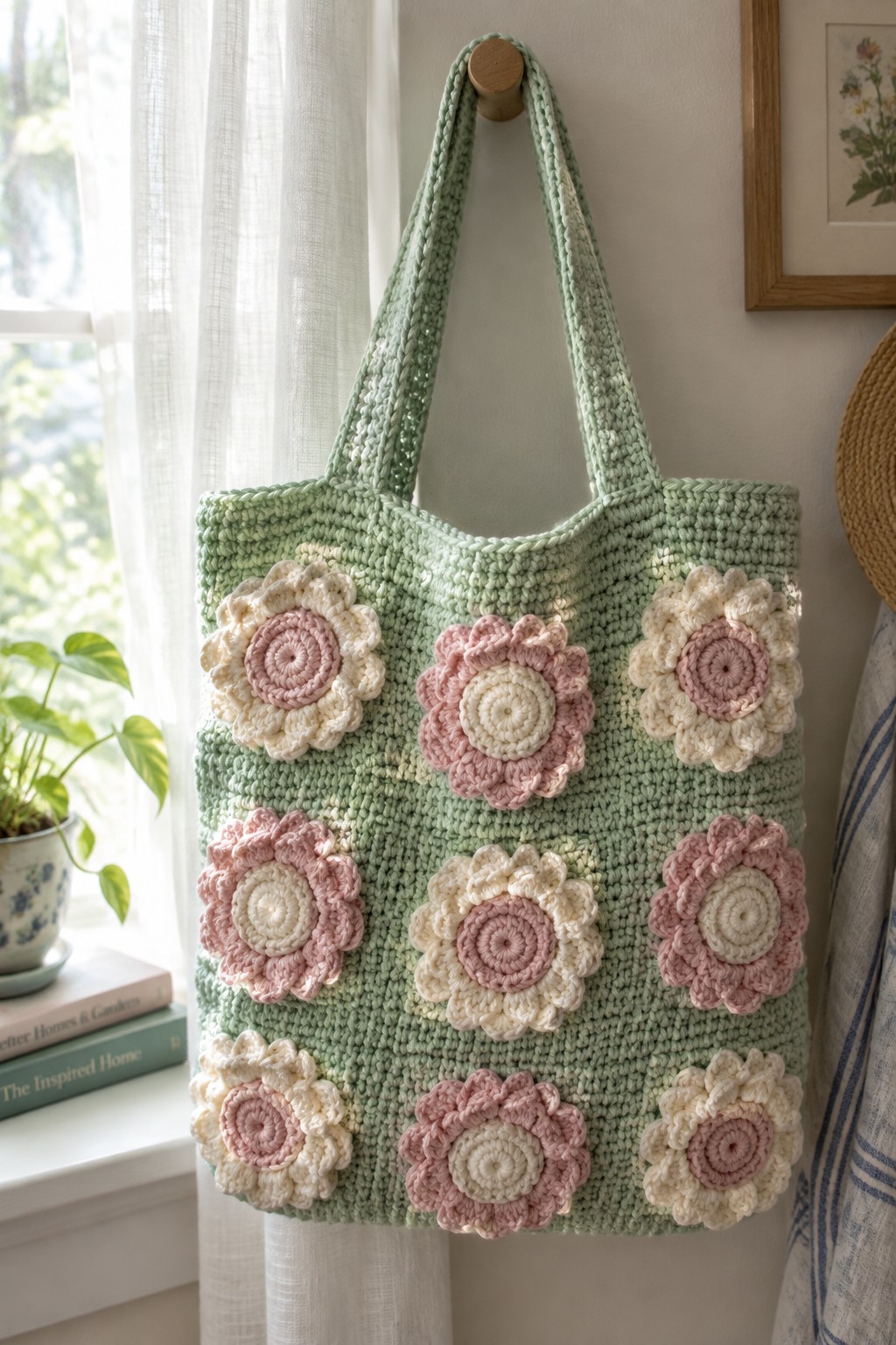 Sage green crocheted tote bag with pink and cream flowers hanging on a hook.