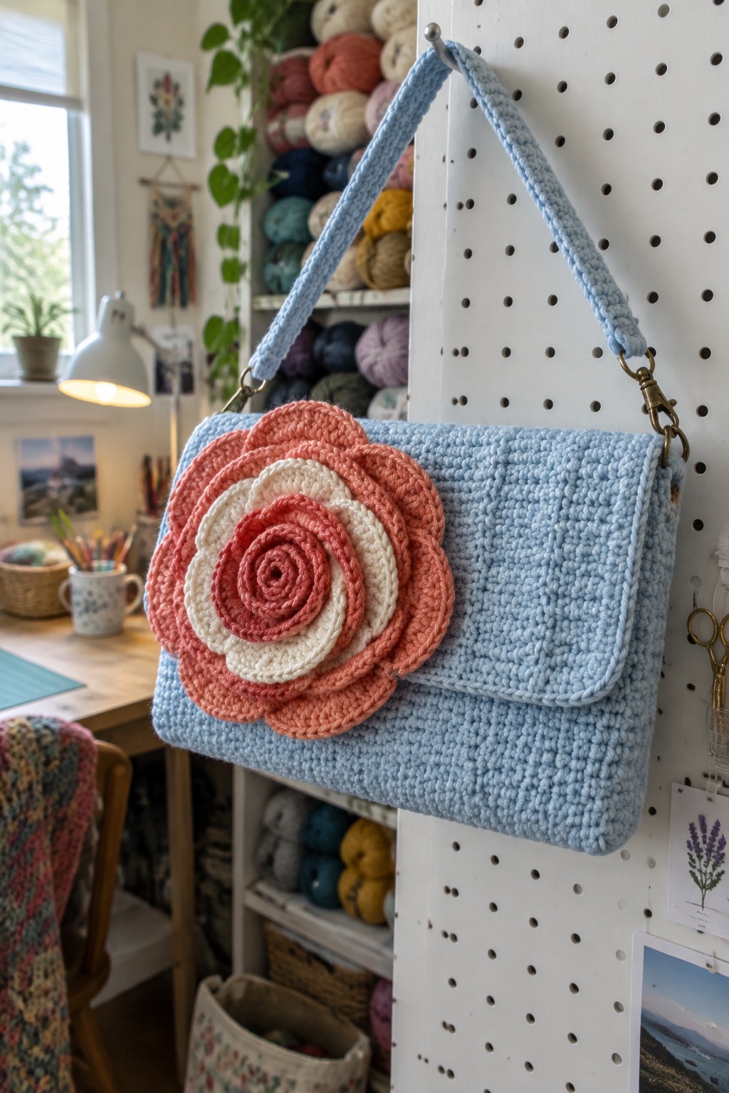 Light blue crocheted bag with large coral-peach-white flower hangs on pegboard
