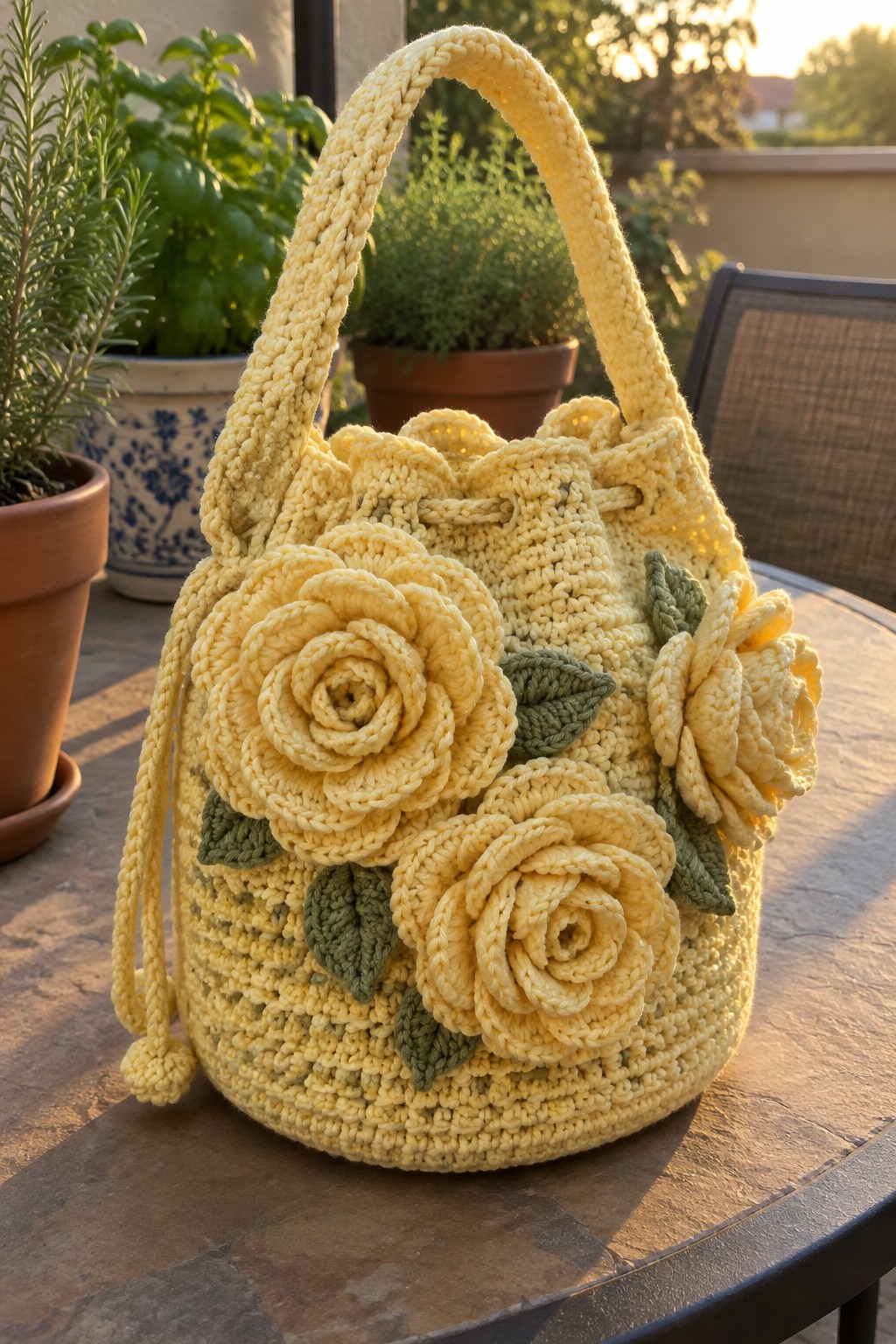 Yellow crocheted drawstring bag with roses and leaves on patio table