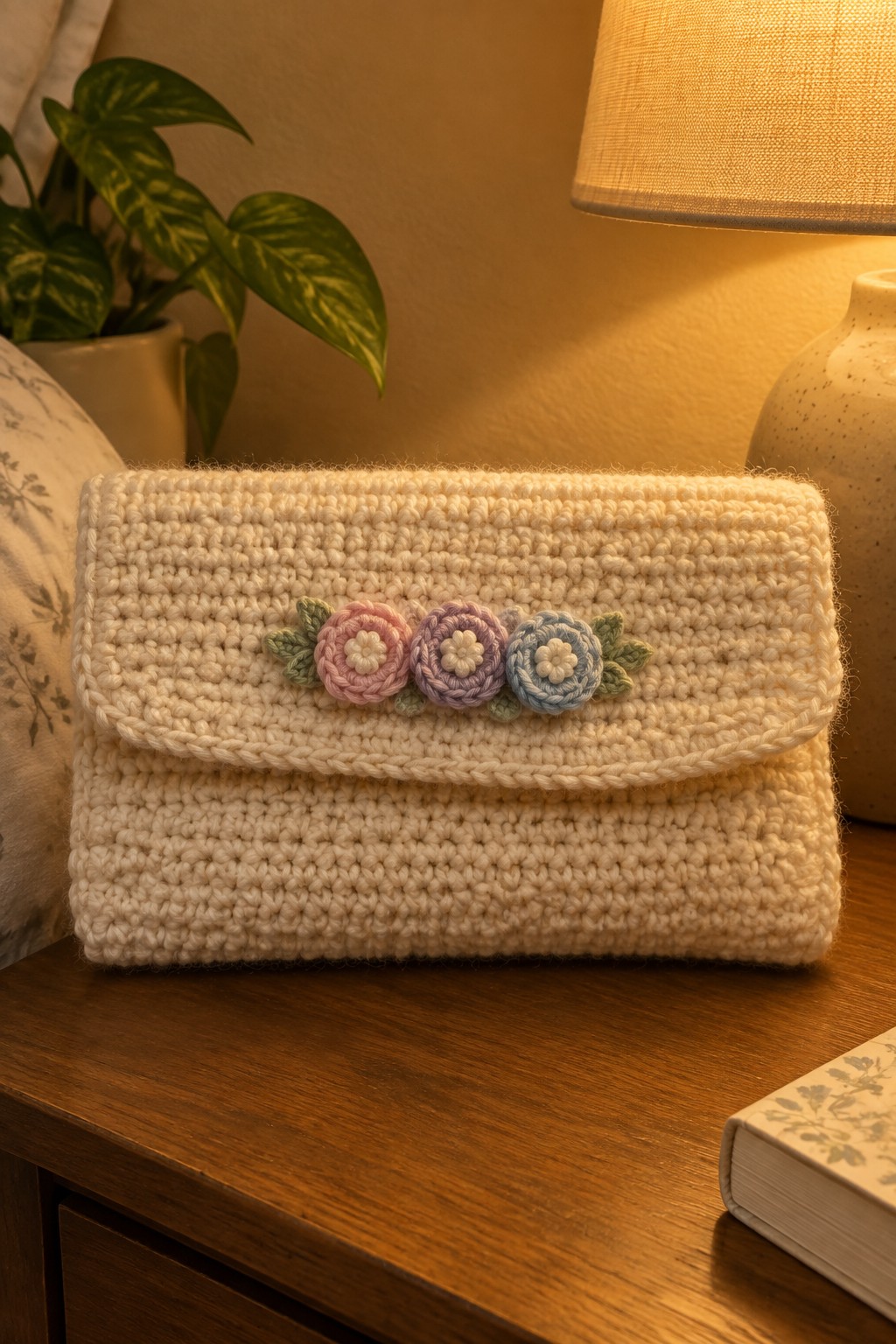 Cream crocheted clutch with pink, purple, and blue floral details on wood table