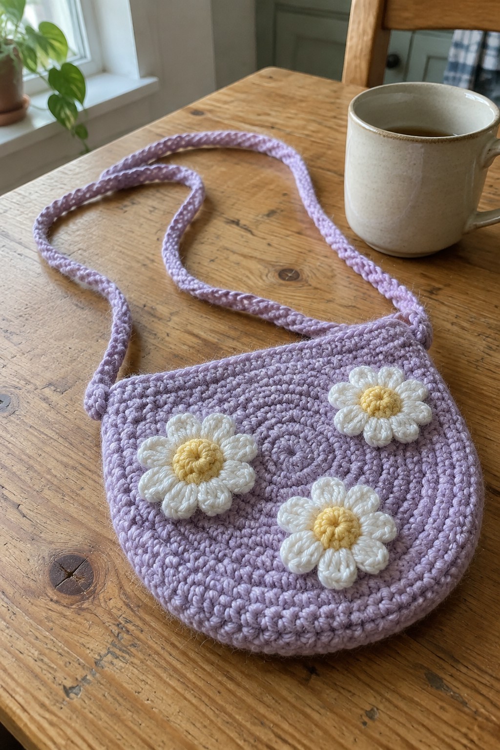 Purple crocheted bag with three daisy appliques beside mug on wooden table