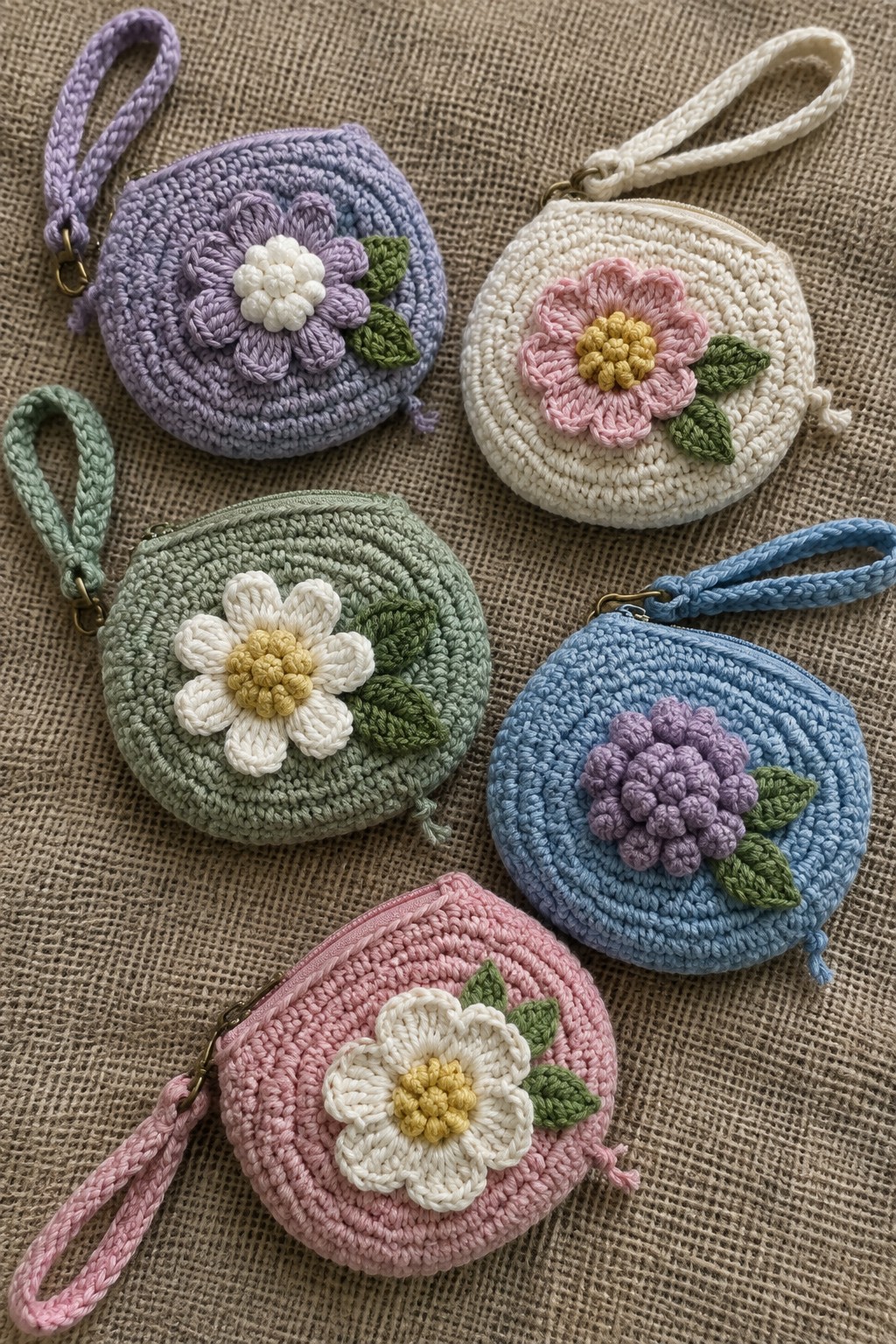 Five pastel crocheted coin purses with floral designs on burlap fabric