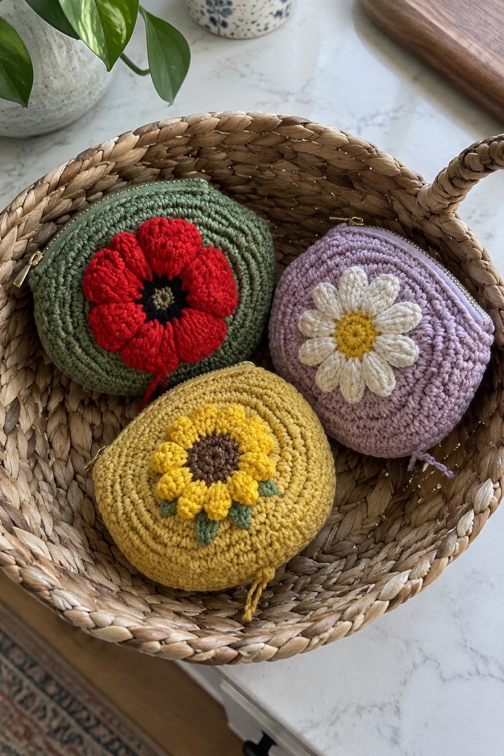 Three crocheted pouches with poppy, daisy, and sunflower designs in a woven basket.