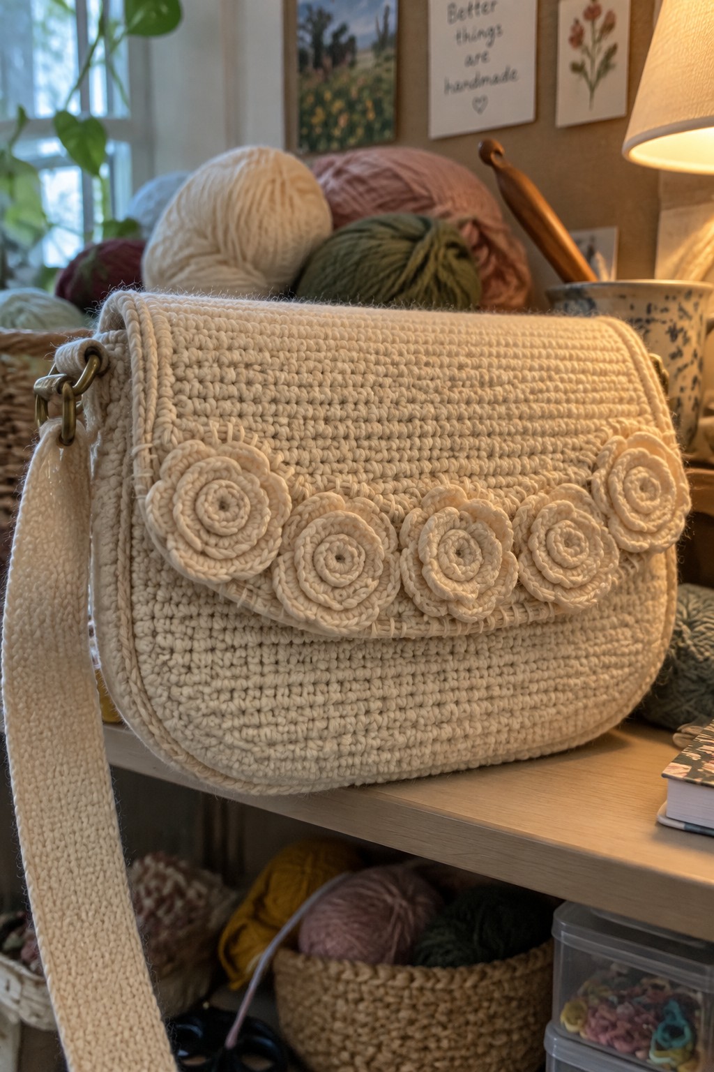 Cream crocheted shoulder bag with rose appliques amid colorful yarn balls and supplies.