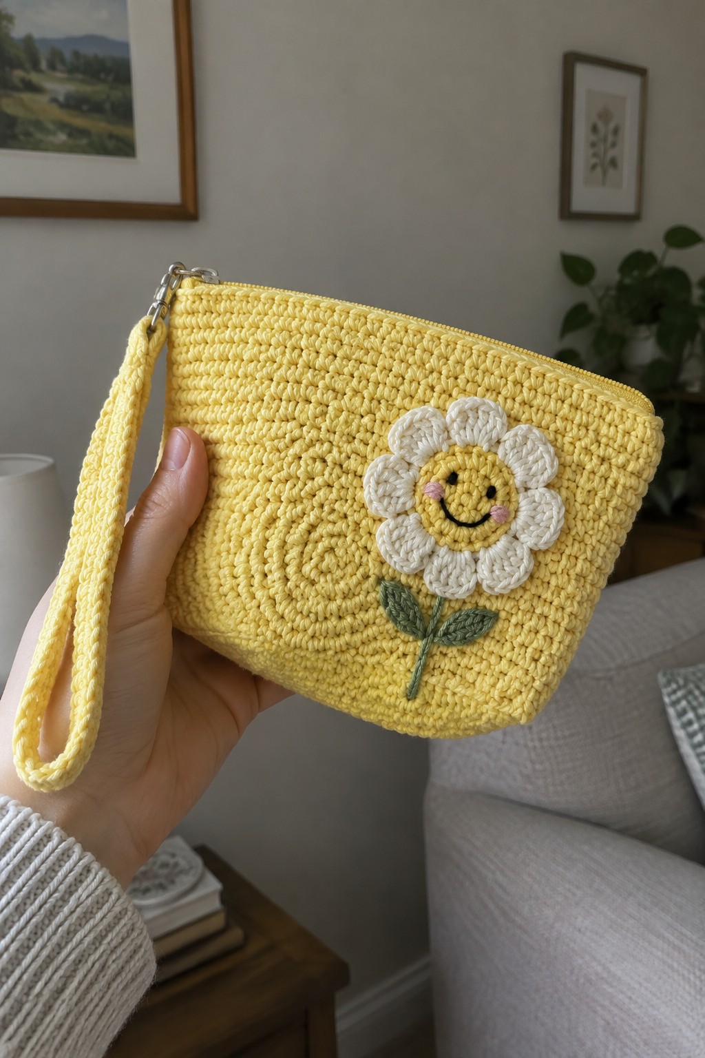 Hand holding yellow crocheted wristlet pouch with smiling daisy appliqué