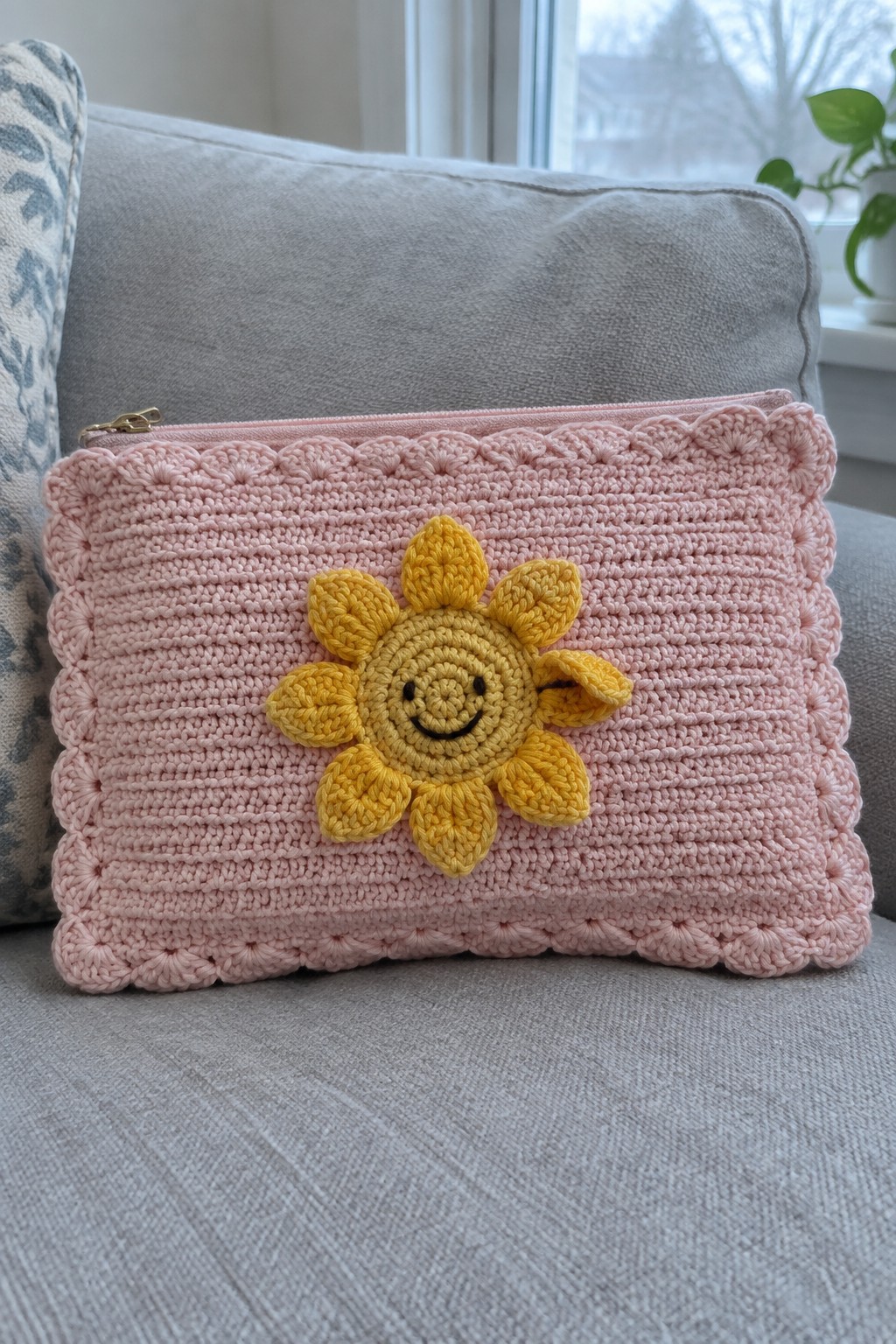 Pink crocheted pouch with yellow smiley sunflower appliqué on gray couch