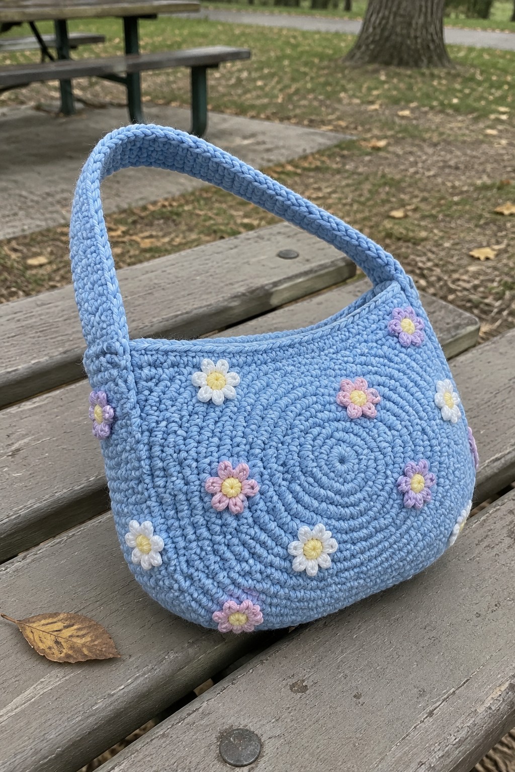 Blue crocheted handbag with pink and white flower appliques on wooden picnic bench