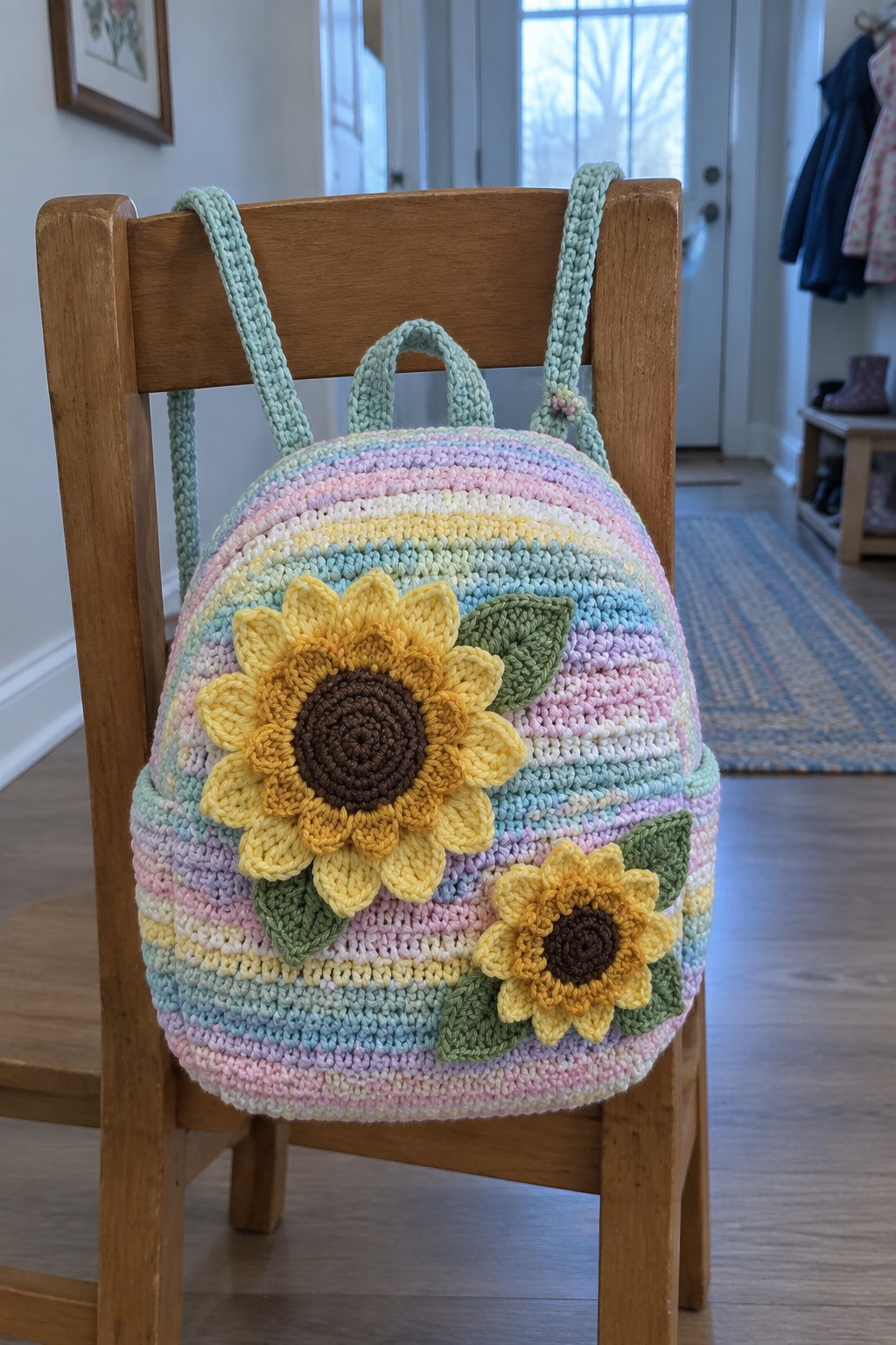 Pastel rainbow crocheted backpack with sunflowers on wooden chair