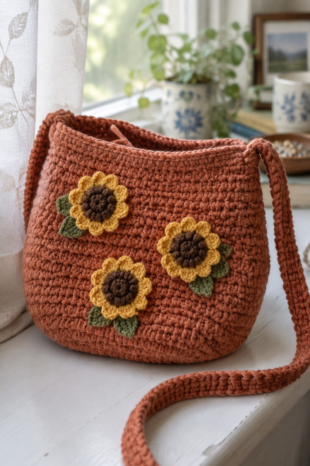 Rust crocheted bag with three sunflowers on white windowsill with plants