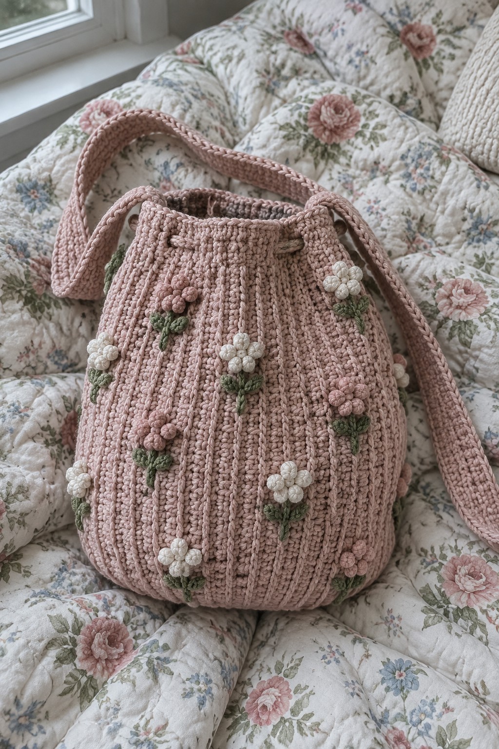 Pink crocheted drawstring bag with floral appliques on quilted blanket