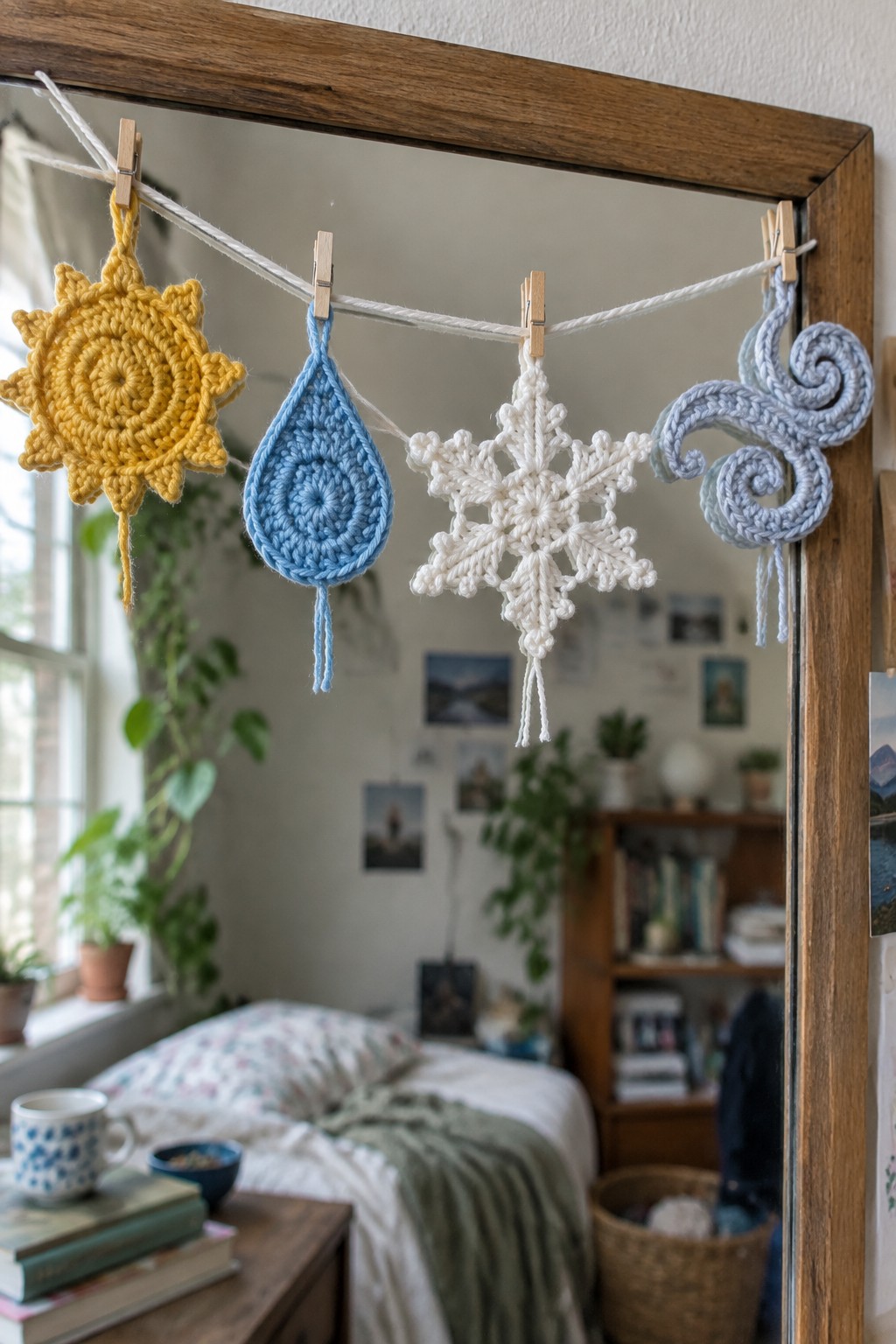 Crocheted yellow sun, blue raindrop, white snowflake, and blue swirl on string