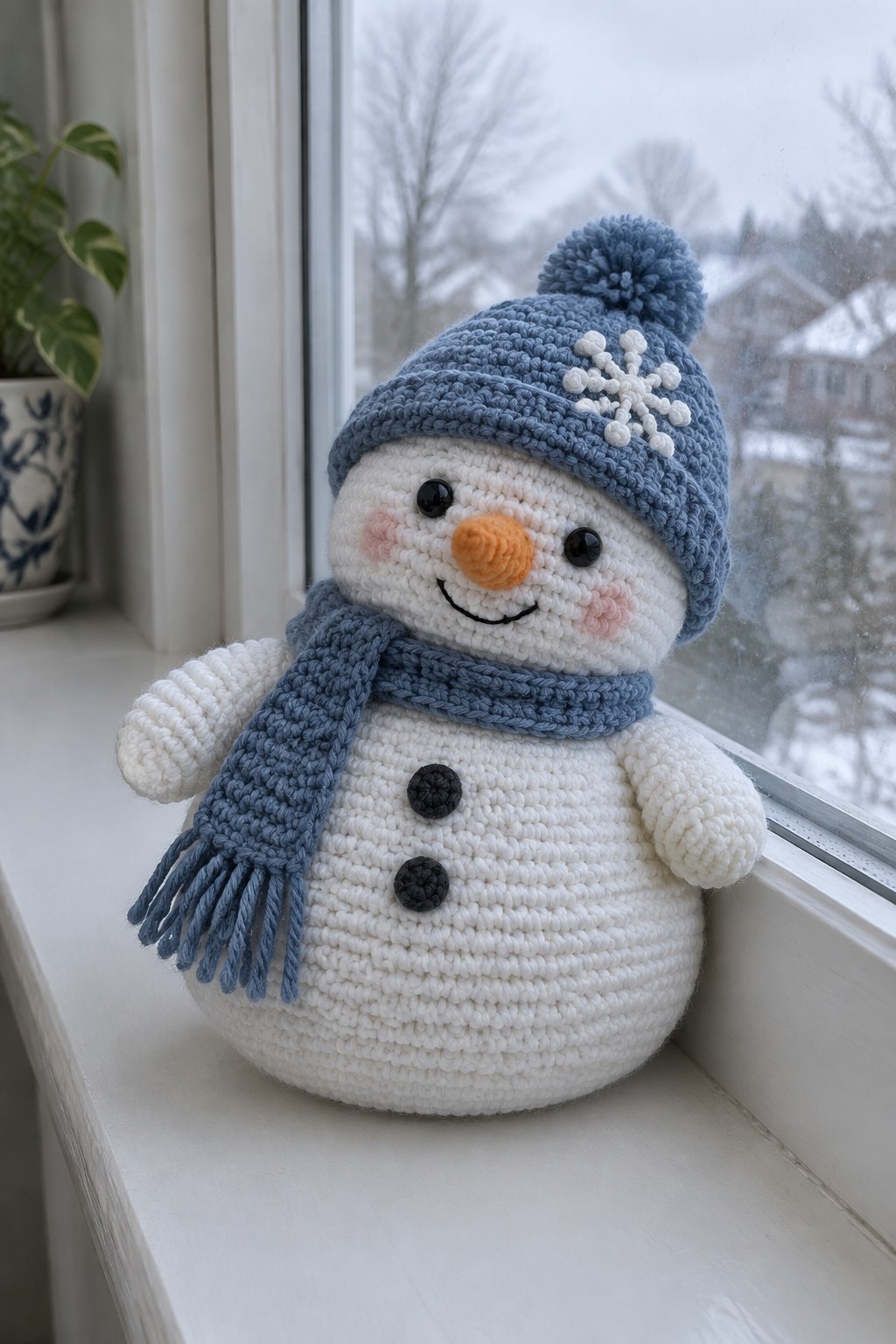 Crocheted snowman in blue hat with pom-pom and scarf on snowy windowsill