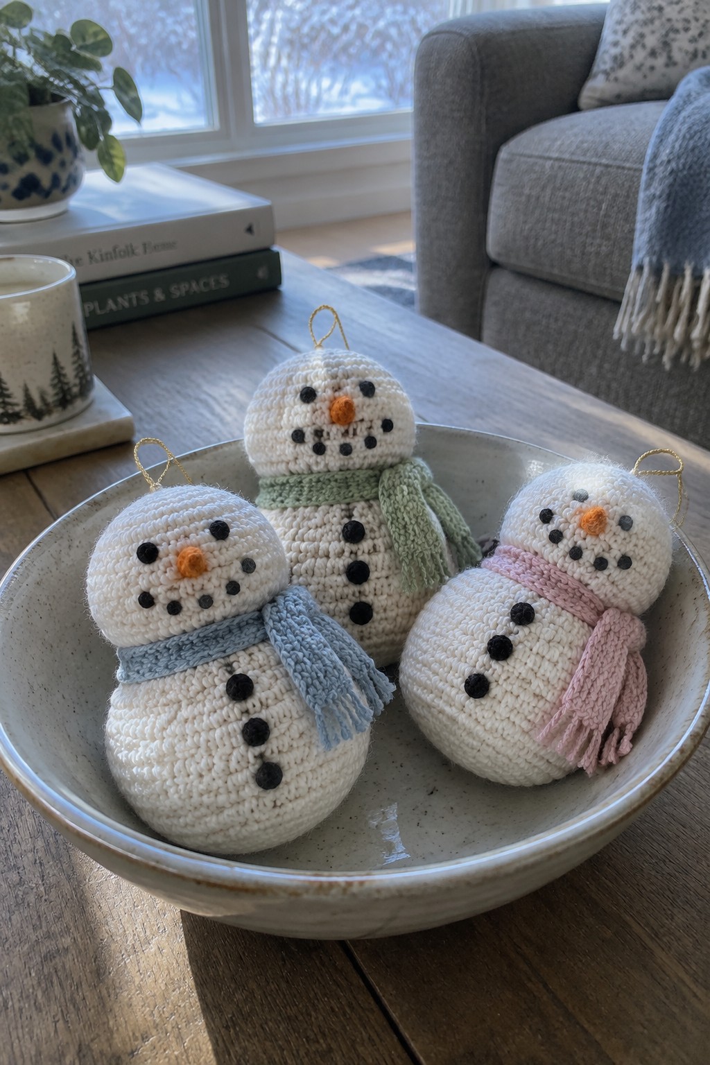 Three crocheted snowmen with blue, green, and pink scarves in a ceramic bowl