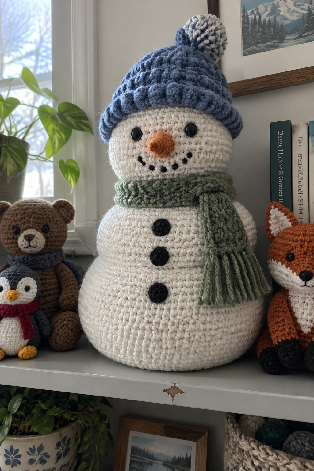 Crocheted snowman in blue hat and green scarf with bear, penguin, and fox on shelf