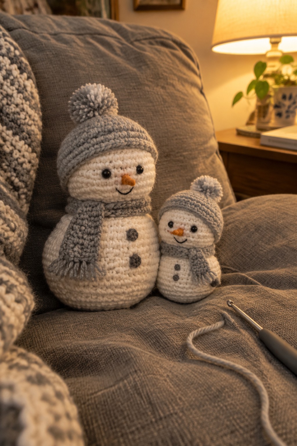 Two crocheted snowmen in gray hats and scarves beside crochet hook on gray fabric