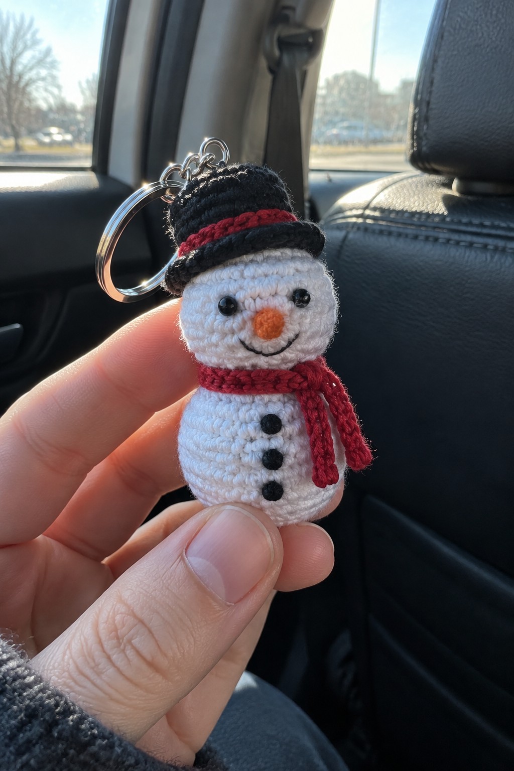 Hand holding crocheted snowman keychain with black hat, red scarf, and buttons in car.
