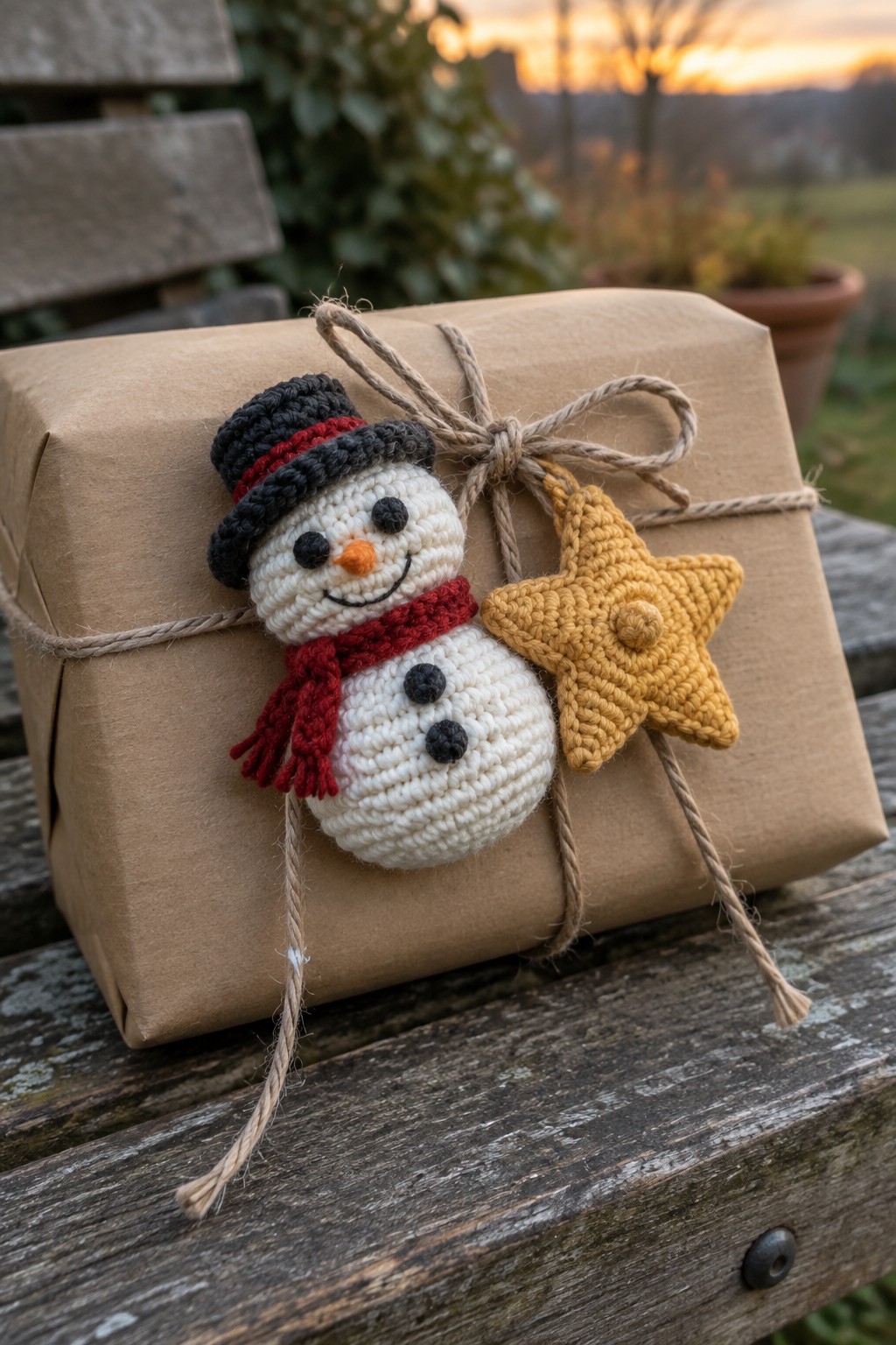 Crocheted snowman in black hat and red scarf with yellow star on twine-tied gift box