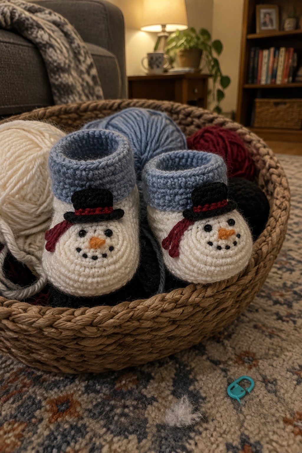 Two crocheted snowman baby booties in a basket of yarn skeins