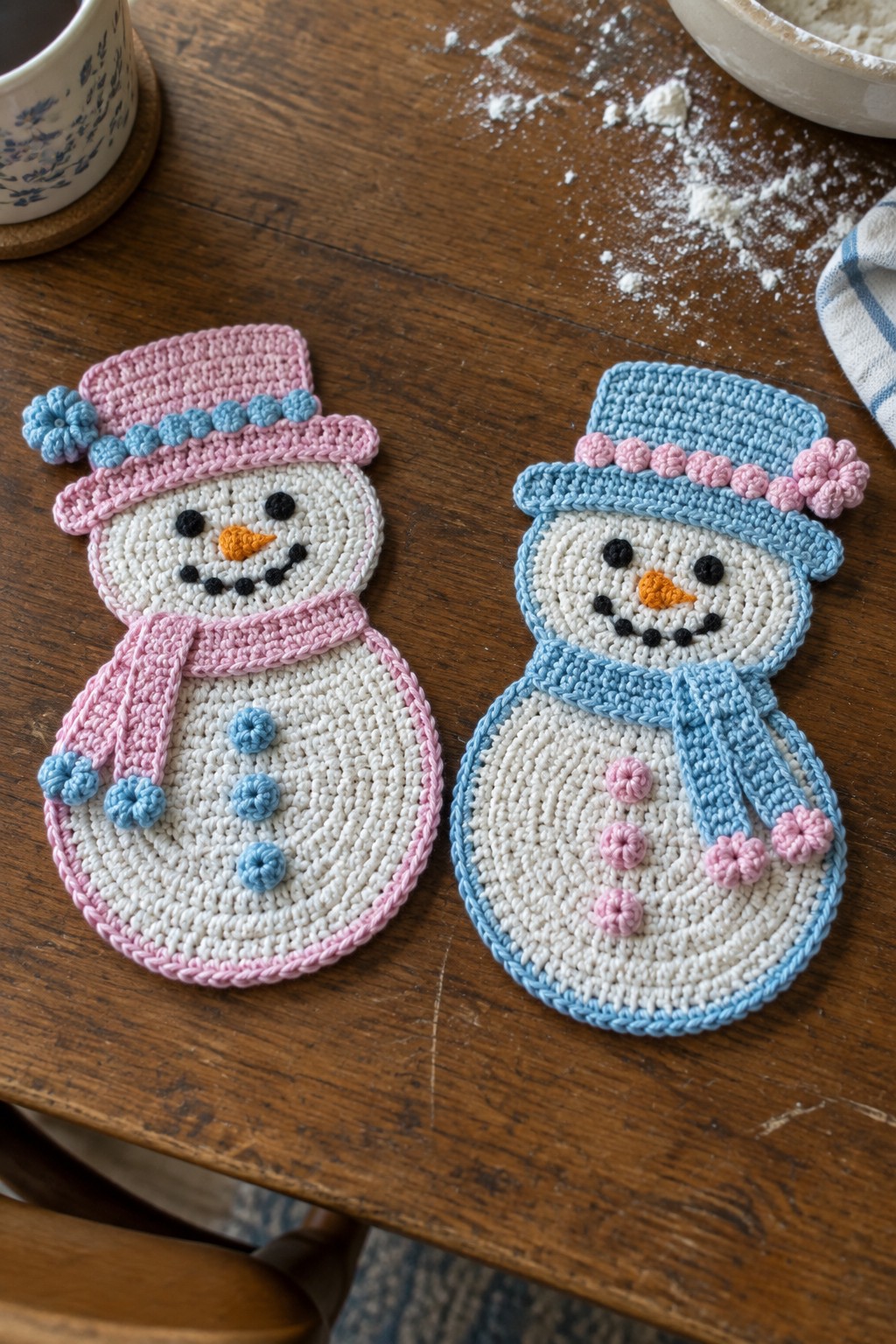 Two crocheted snowman coasters in pink and blue on flour-dusted wooden table