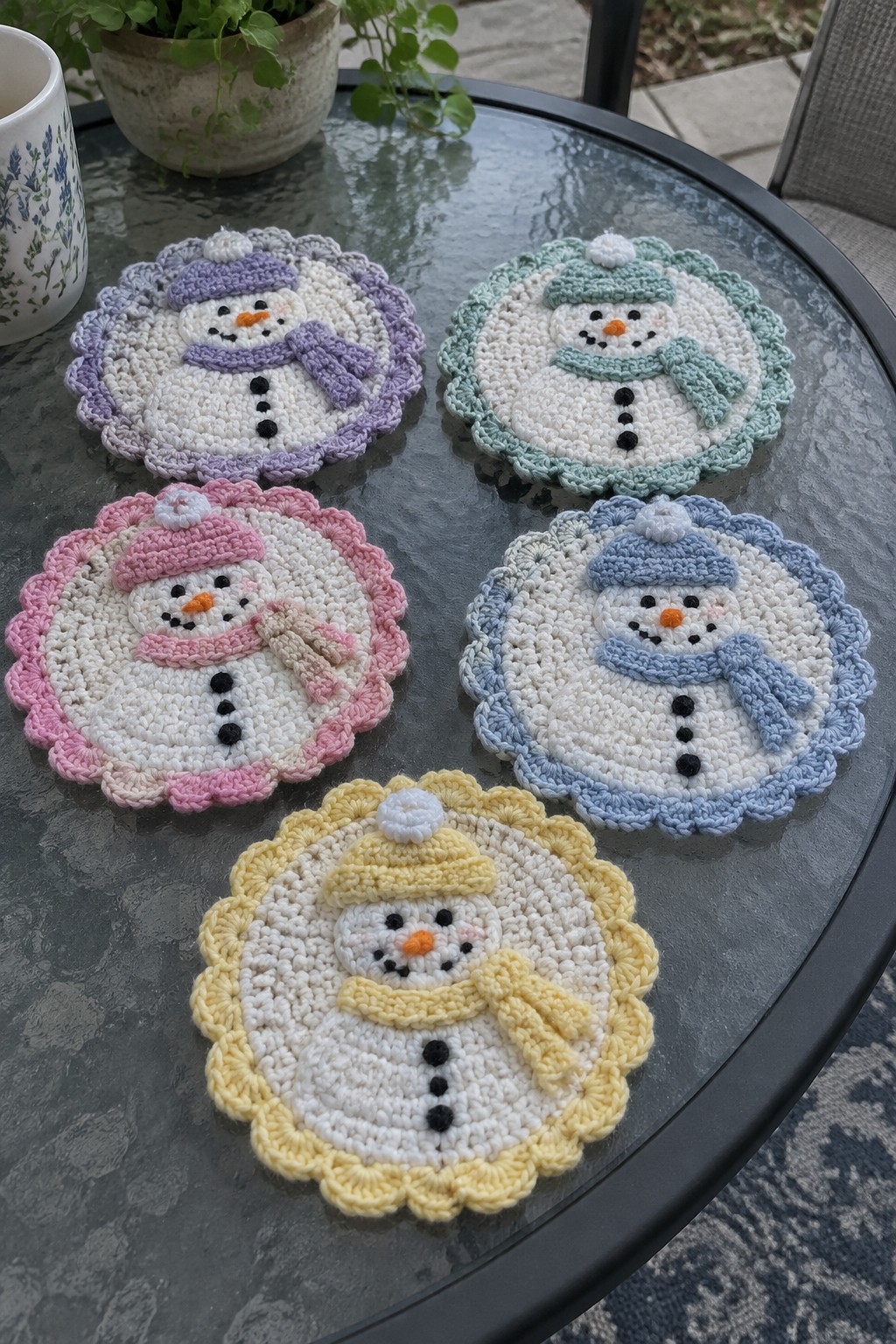 Five pastel crocheted snowman coasters on a round glass table