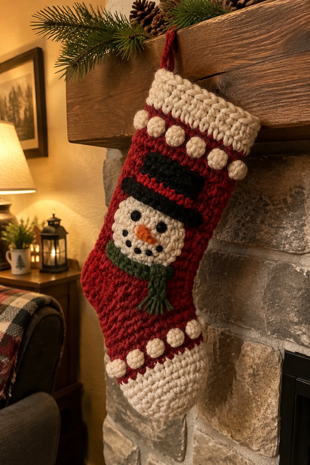 Crocheted red Christmas stocking with snowman, pom-poms, and green scarf on mantel.