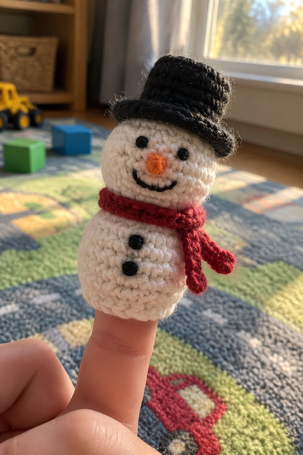 Crocheted snowman finger puppet with black hat, red scarf, and buttons on finger