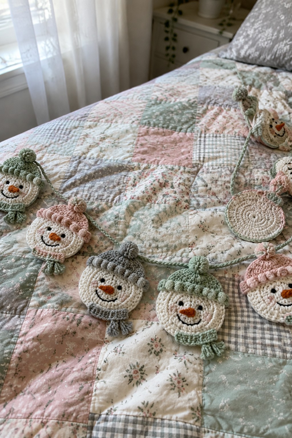 Crocheted snowman garland with pastel hats and scarves on a patchwork quilt.