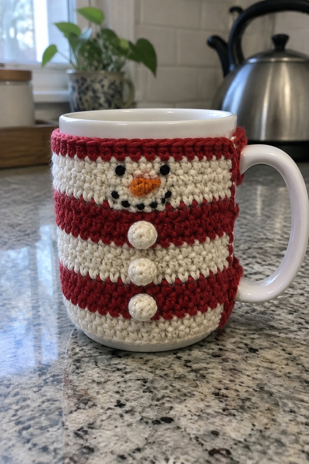 White mug with red-and-white crocheted snowman cozy and pom-pom buttons.