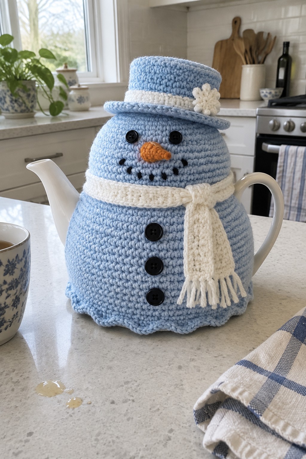 Crocheted blue snowman tea cozy with hat, scarf, and buttons on teapot