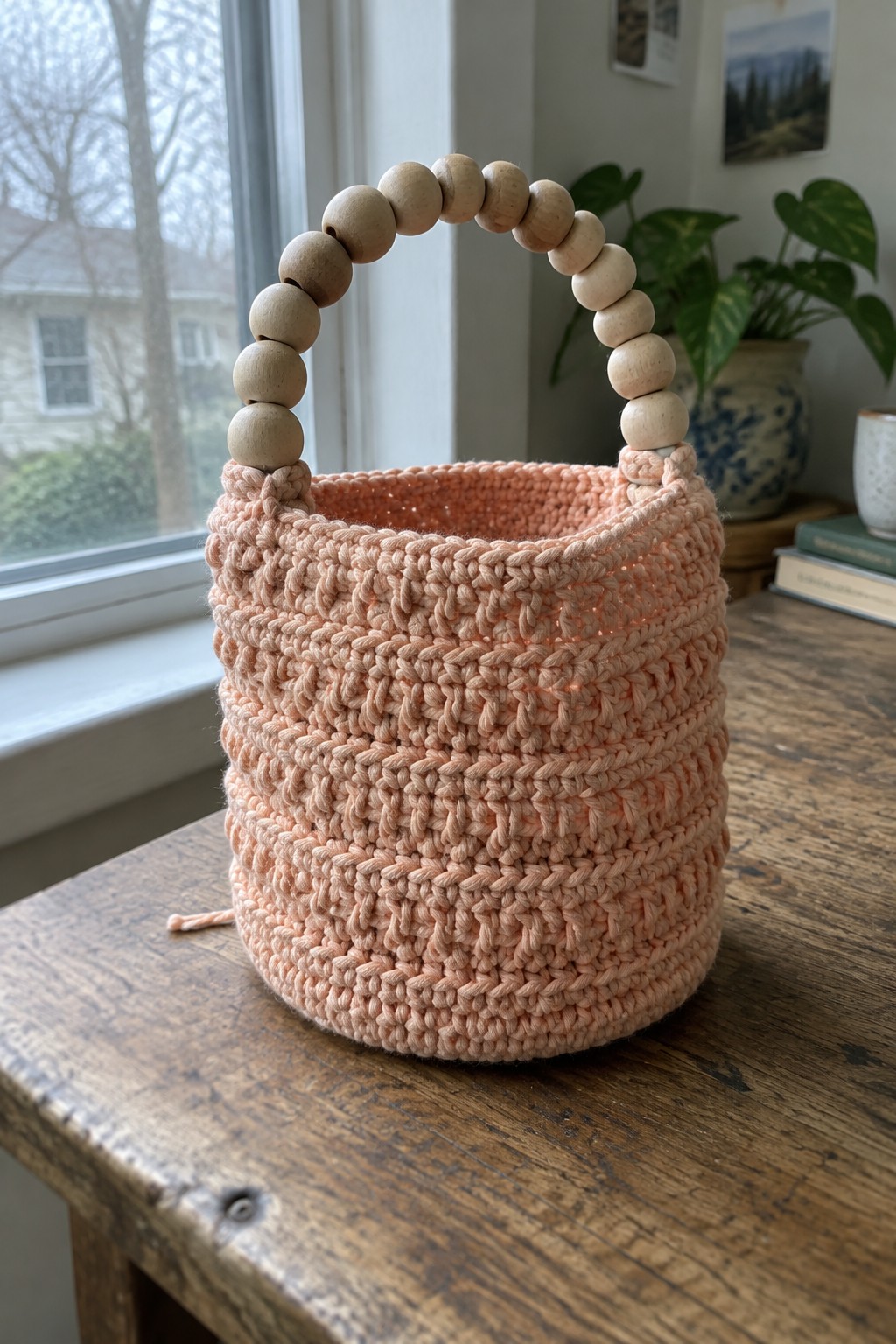 Peach crocheted basket with wooden bead handle on rustic wooden table