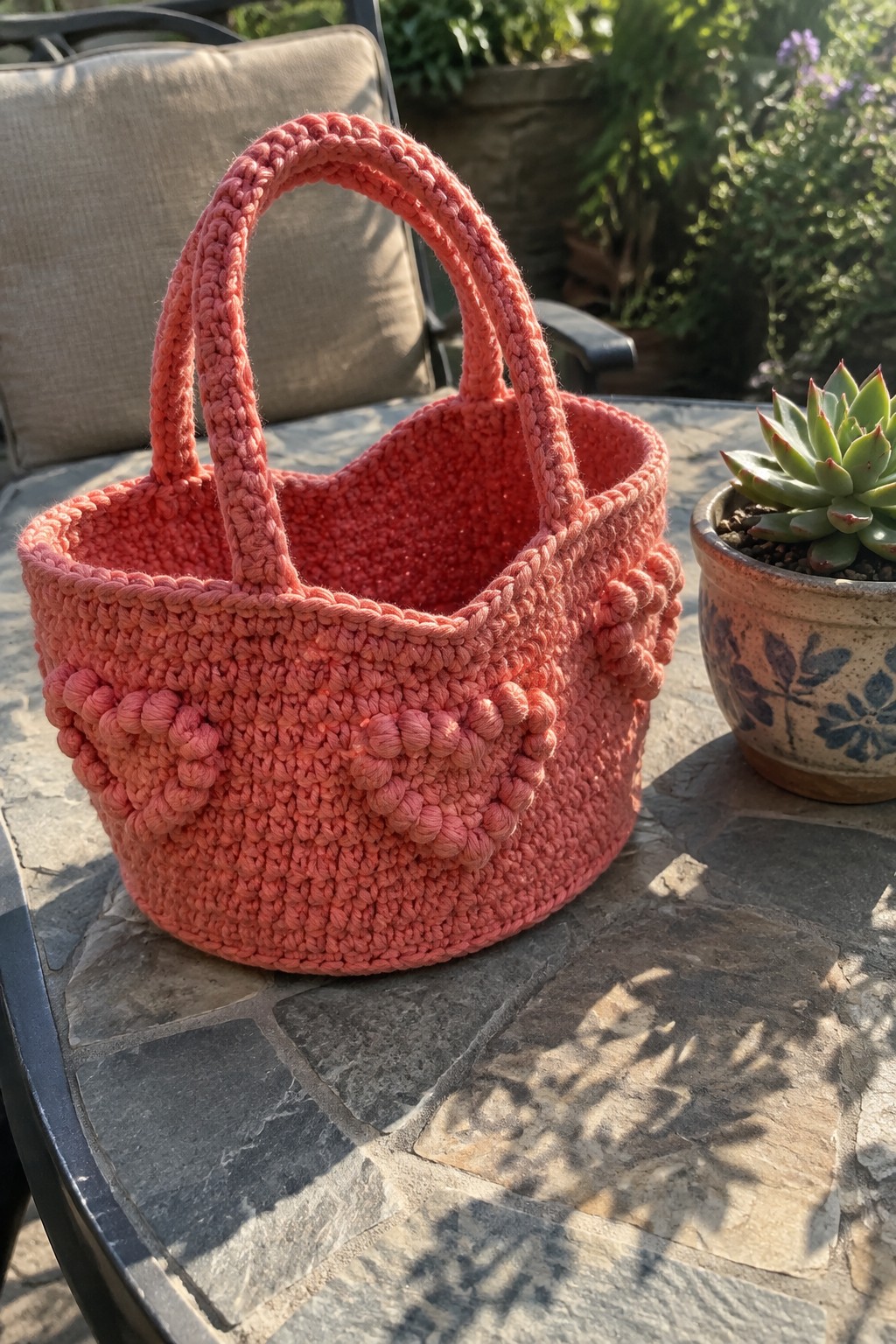 Pink crocheted basket with handles on stone table beside potted succulent.