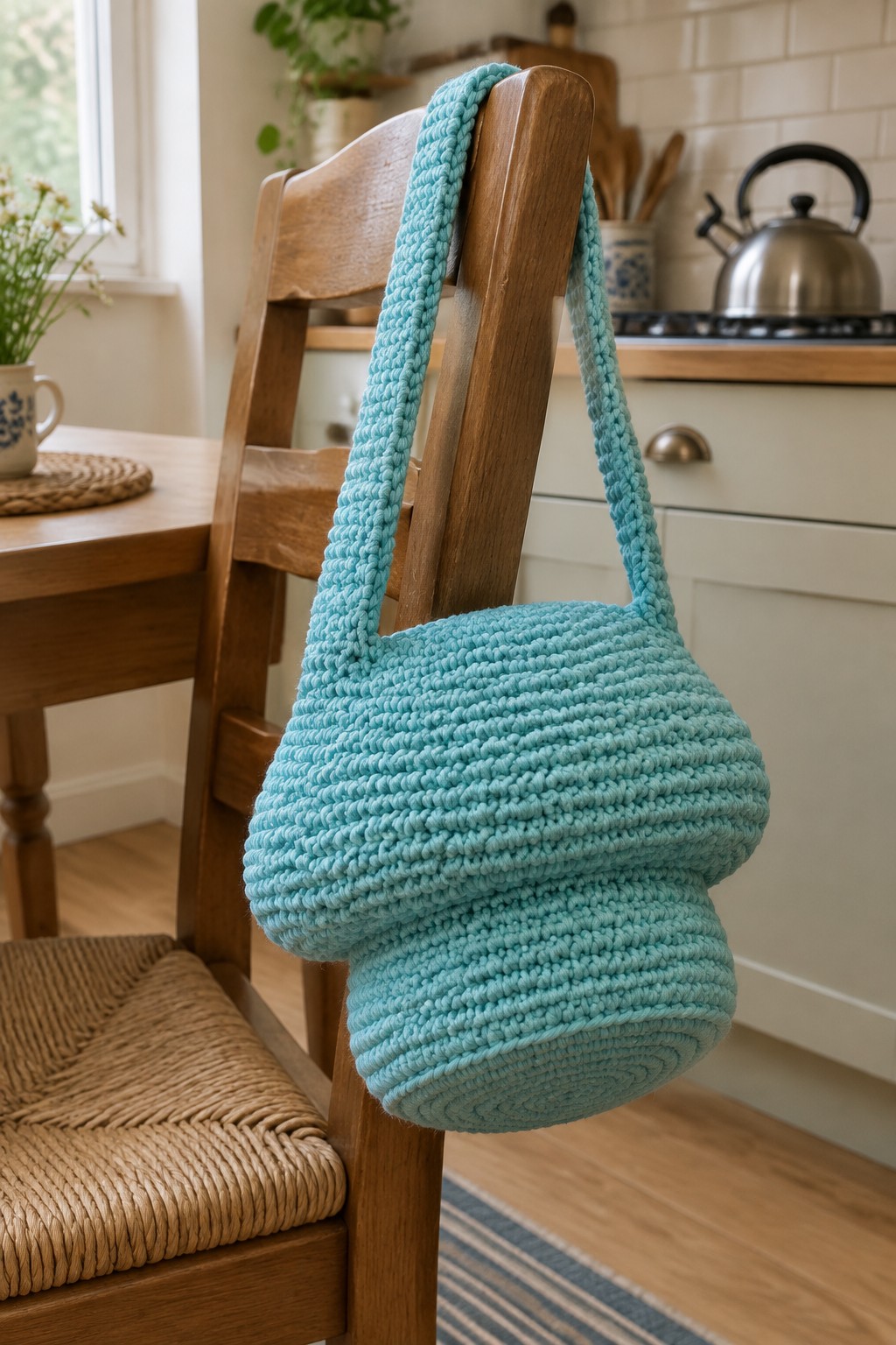 Chunky turquoise crocheted bag draped over wooden kitchen chair