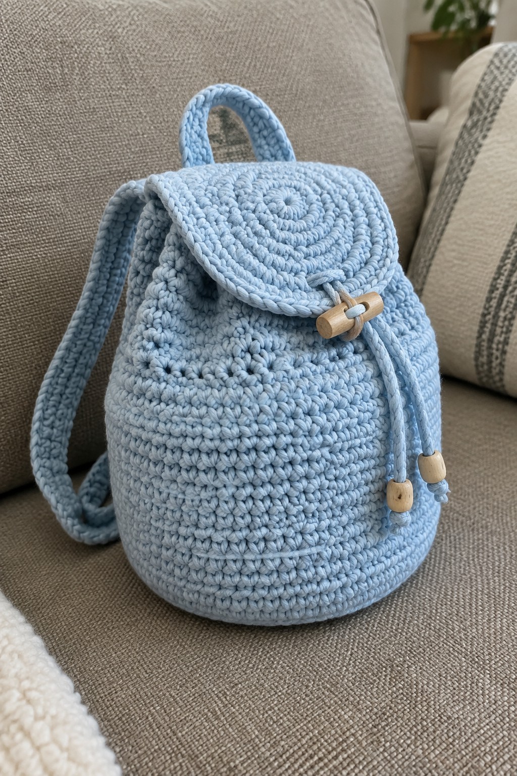 Light blue crocheted backpack with drawstring and wooden beads on beige couch.
