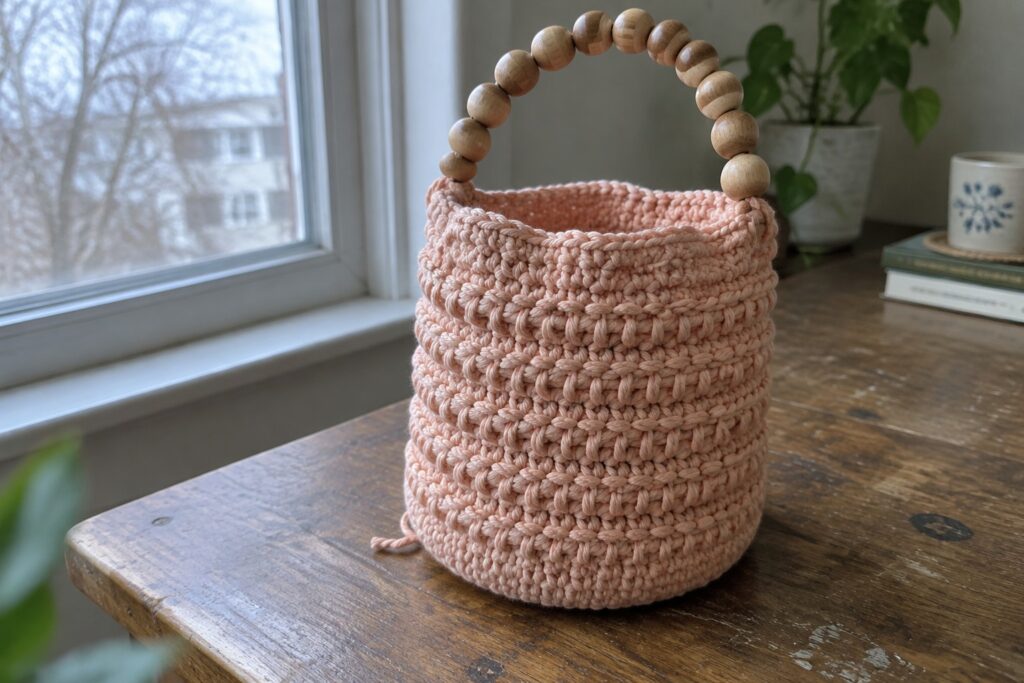 22 Rustic Basket-Style Crochet Bags With Sturdy Bases Peach crocheted basket with wooden bead handle on rustic wooden table