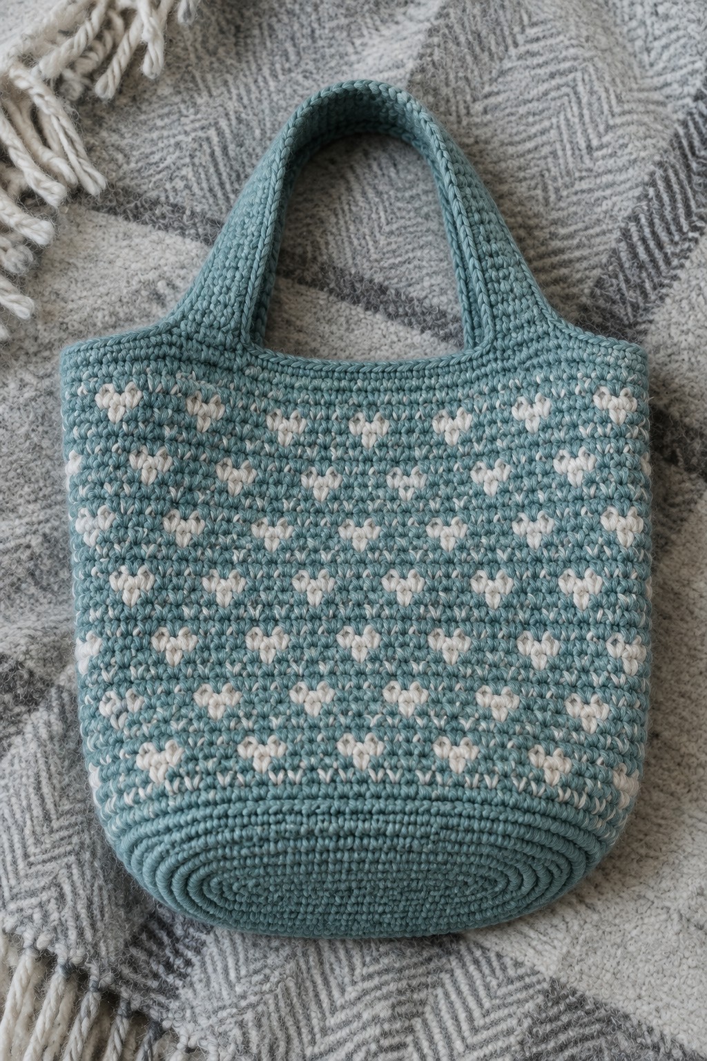 Teal crocheted tote bag with white hearts on gray patterned blanket