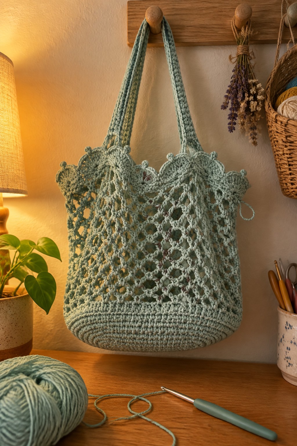 Seafoam green crocheted lace tote bag hanging on wooden peg with craft supplies nearby